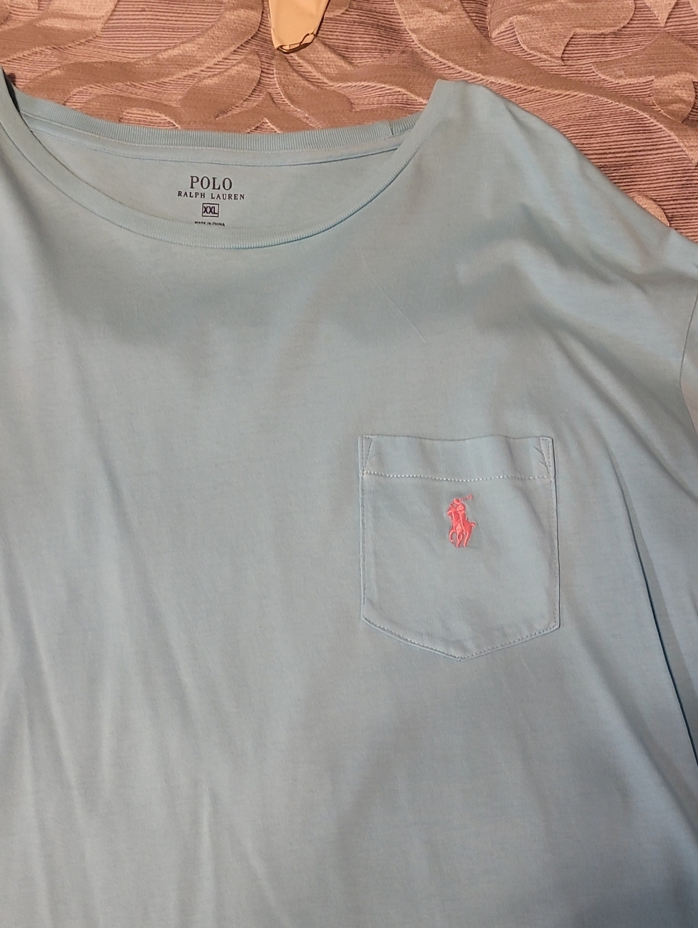 Polo by Ralph Lauren Men's Light Blue Pocket T-Shirt with Pink Logo